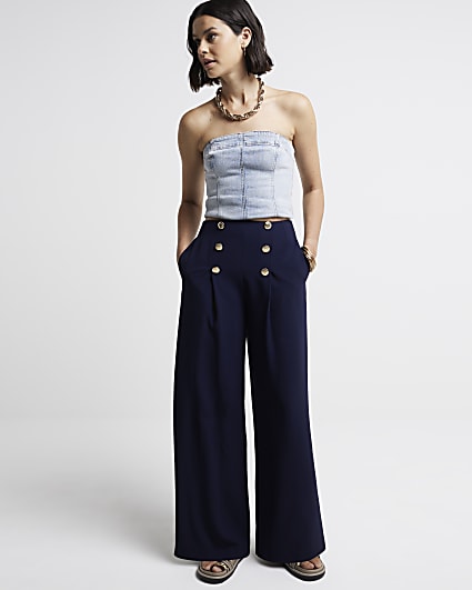 Navy button detail wide leg trousers