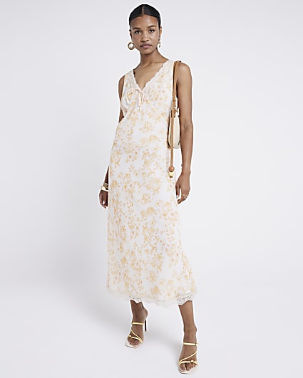 Orange floral lace trim slip midi dress