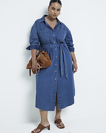 Plus blue denim belted midi shirt dress