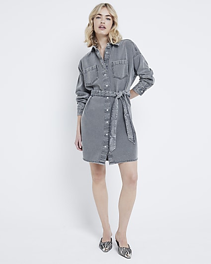 Grey denim belted mini shirt dress