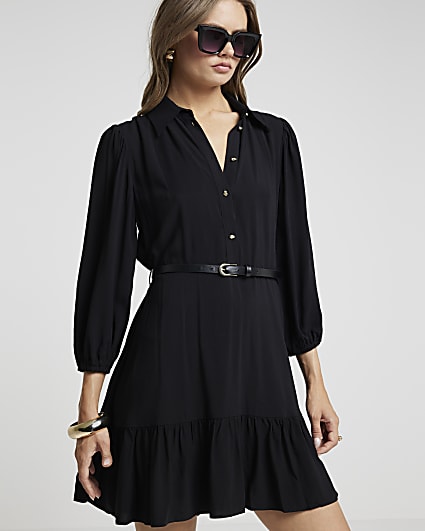 Black belted godet shirt dress