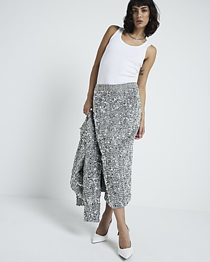 Silver sequin boucle pencil midi skirt