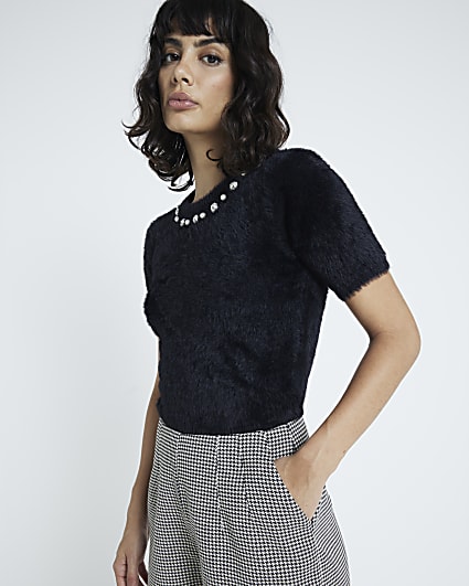 Black fluffy knit t-shirt