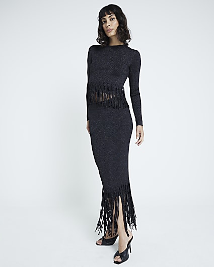 Black metallic fringe midi skirt