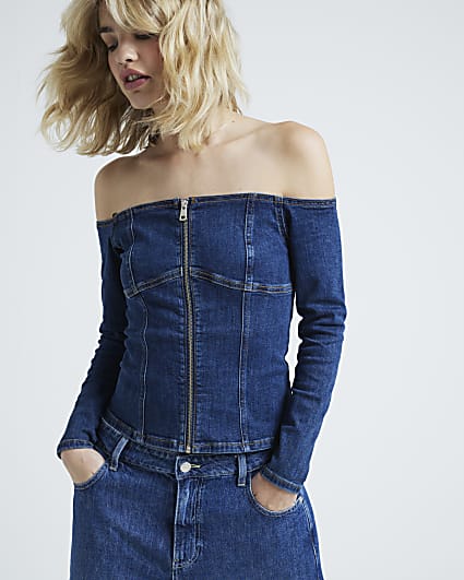 Blue denim bardot zip up top