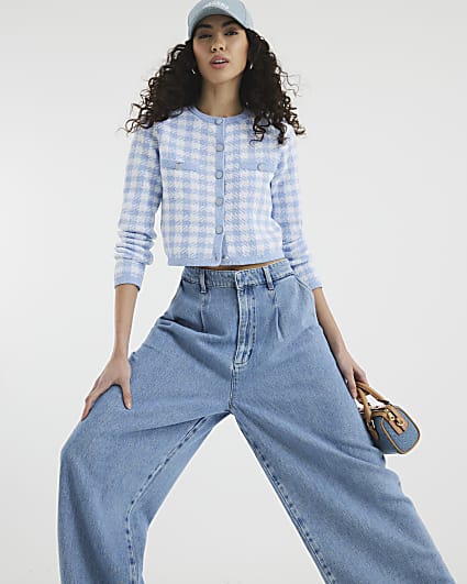 Blue mid rise wide leg tailored jeans