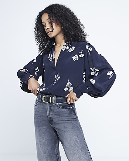 Black Floral Crew Neck Blouse