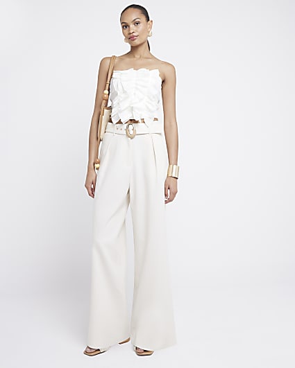 Cream Belted Wide Leg Trousers