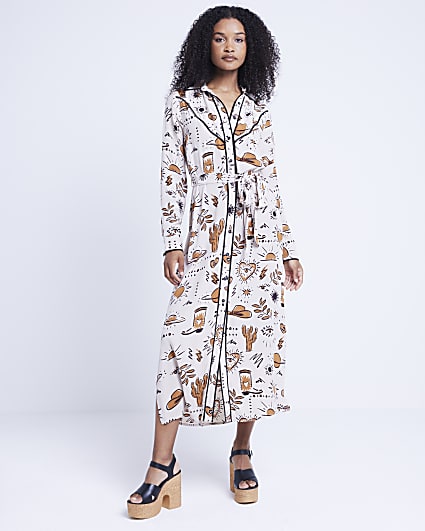 Beige western belted midi shirt dress