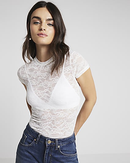 Cream sheer lace short sleeve t-shirt