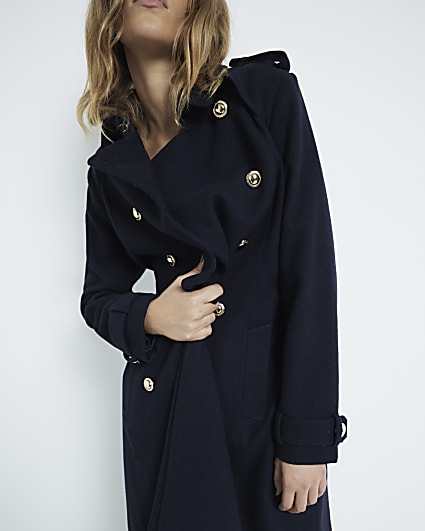 Navy Fitted Wool Trench Coat