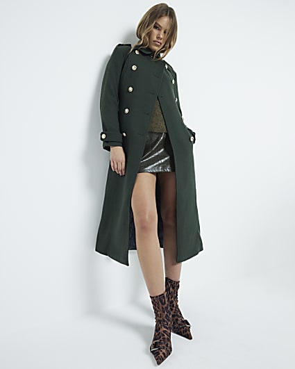 Green Wool Blend Button Detail Trench Coat