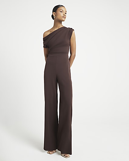 Brown Off Shoulder Drape Jumpsuit