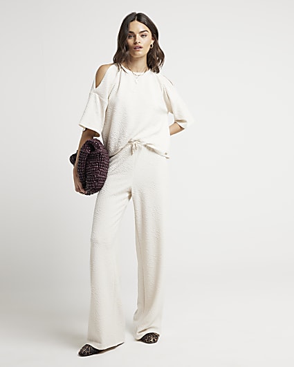 Cream Textured Wide Leg Trousers