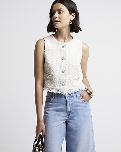 Cream boucle fringe detail waistcoat