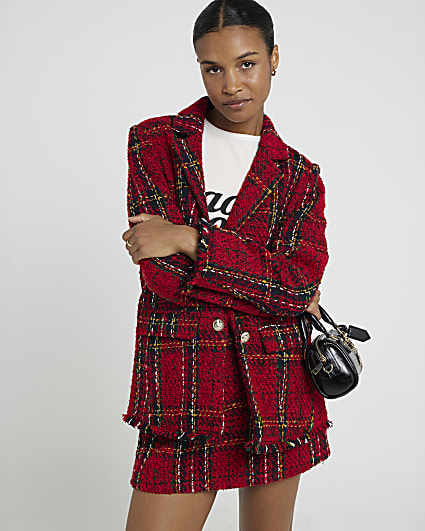 Red tartan boucle blazer