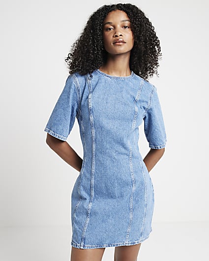 Blue denim seam detail shift mini dress