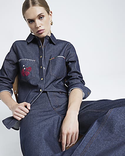 Blue embroidered denim shirt