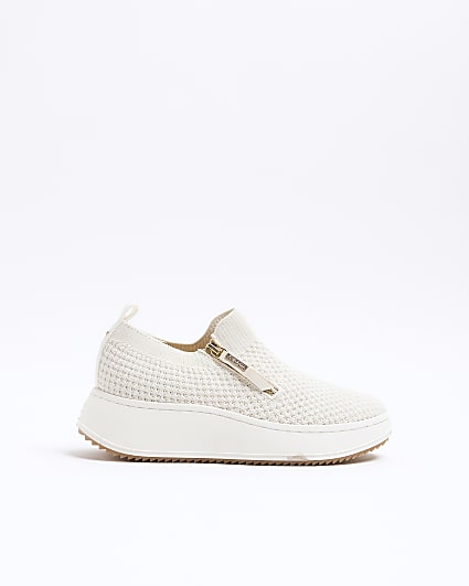 Beige wide fit knitted wedge trainers