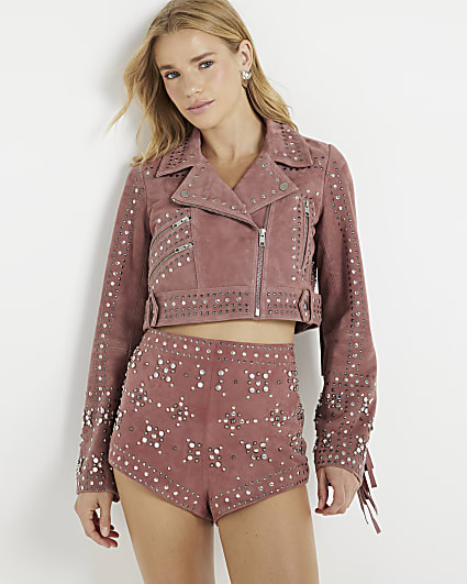 Pink suede studded shorts