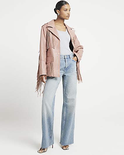 Pink Leather Tassel Belted Jacket