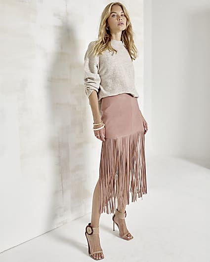 Pink Leather Fringe Mini Skirt