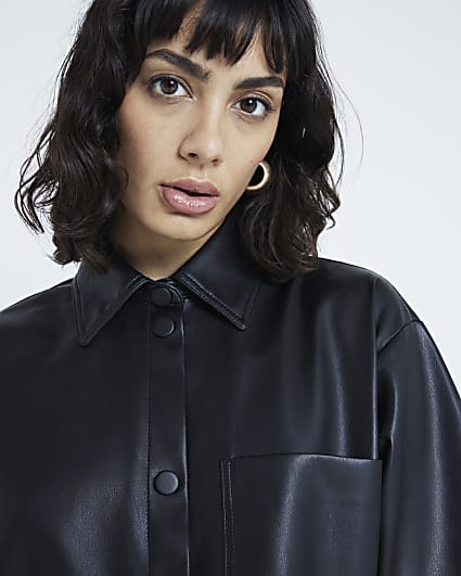 Black faux leather Short Sleeve shirt