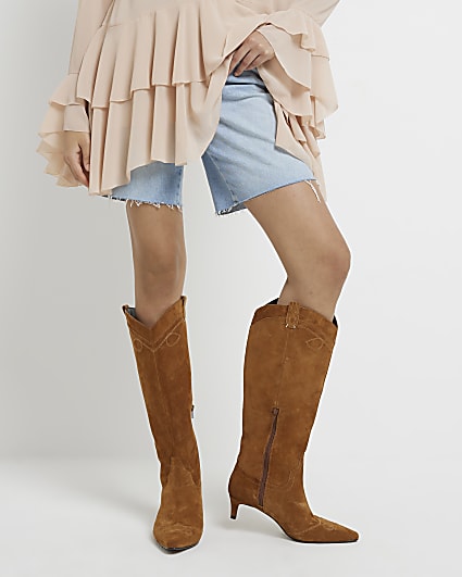 Tan Suede Knee High Western Boots