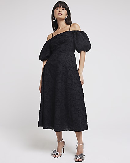 Black puff sleeve skater midi dress