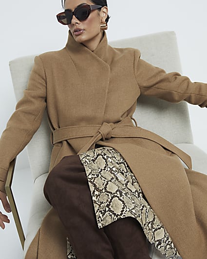 Brown Italian Wool Blend Belted Wrap Coat