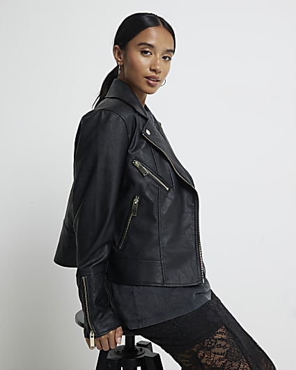 Petite black faux leather zip biker jacket