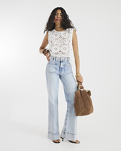 Blue high waisted front pocket wide leg jeans