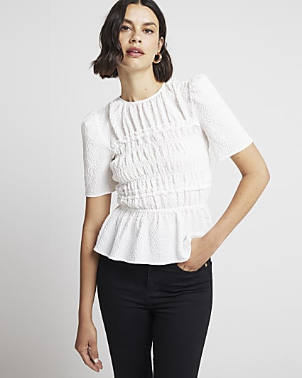 Cream Shirred Peplum Top