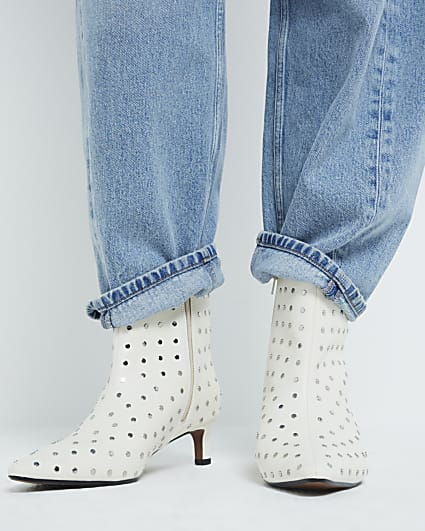 Cream Studded Kitten Heel Boot