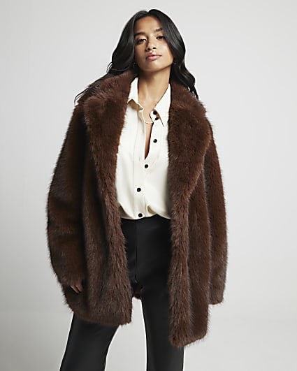 Petite Brown midi length faux fur coat