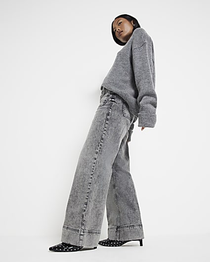 Petite Grey High Waisted Wide Leg Jeans