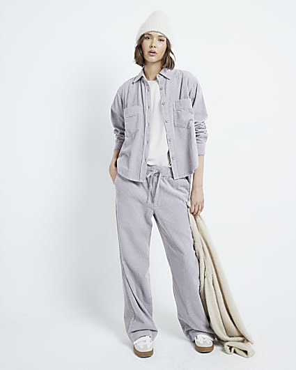 Grey Corduroy Wide Leg Pull On Trousers