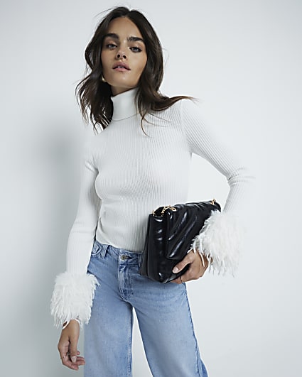 Cream Long Sleeve Feather Cuff Roll Neck Top