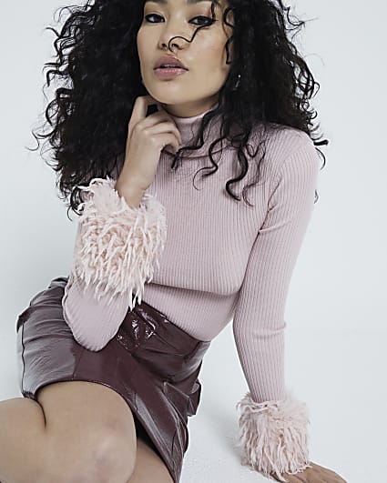 Pink Long Sleeve Feather Cuff Roll Neck Top