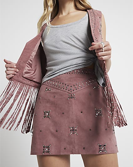 Pink suede studded mini skirt