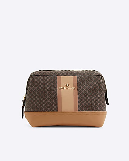 Brown RI monogram stripe makeup bag