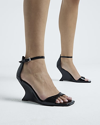 Black Asymmetric Heeled Wedge Sandals