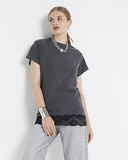 Grey washed lace hem t-shirt