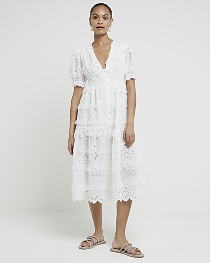 Cream Lace Tiered Smock Midi Dress