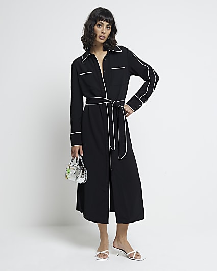 Black Long Sleeved Tipped Belted Shirt Dress