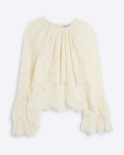 Petite cream lace frill blouse