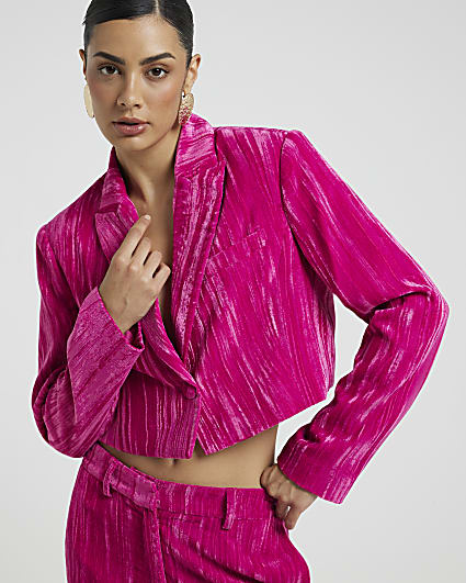 Pink Cropped Velvet Blazer