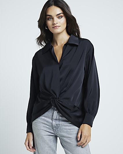 Black satin front knot blouse