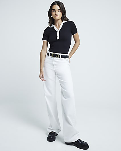 Black ribbed scallop trim polo top