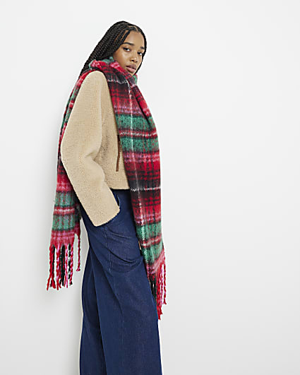 Red Check Fringed Scarf